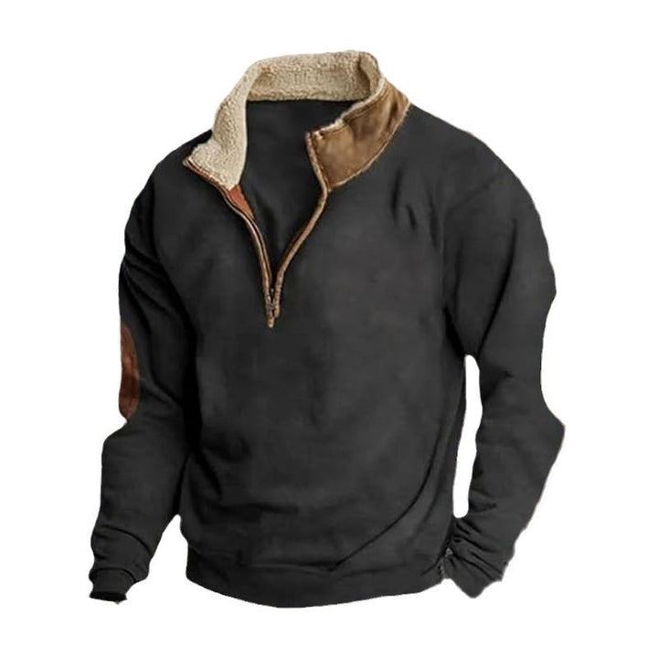 Herren sportlicher Fleece-Pullover mit zeitgemäßem Stehkragen und modischen Kunstlederapplikationen Echoarchiv