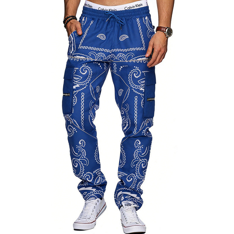 Herren Cargo-Hose mit Bandana-Print, elastischem Bund und Zipper-Taschen – Bravaro