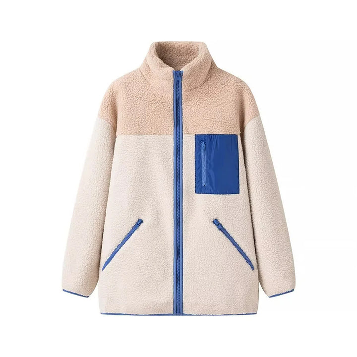 Damen locker geschnittene Teddy‑Fleecejacke mit Stehkragen Reißverschlusstaschen und aufgesetzter Brusttasche – Célinea
