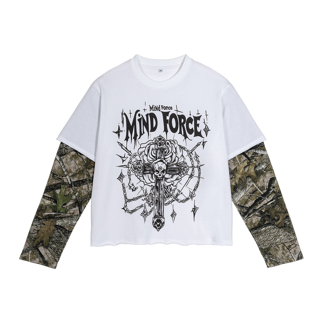 Herren Lagen-Langarm-T-Shirt mit Camouflage-Innensärmeln und Gothic-Print Echo Archiv