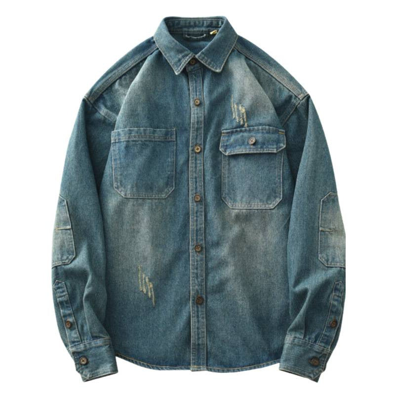 Herren Denim-Hemdjacke im Used-Look mit aufgesetzten Brusttaschen und Knopfleiste Echoarchiv