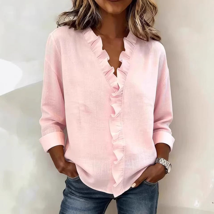 Damen leichte Bluse mit Rüschens V-Ausschnitt, 3/4 Ärmeln und lockerer Schnitt – Élovi