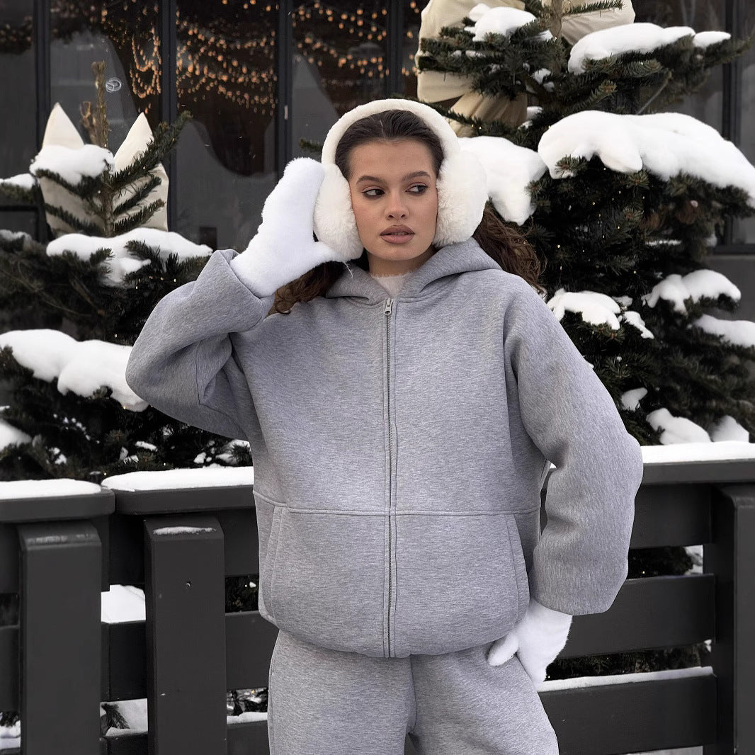 Damen Komfort-Kapuzen-Zipjacke mit verdecktem Reißverschluss, Kängurutasche und gerader Sweat-Hose – Auréline