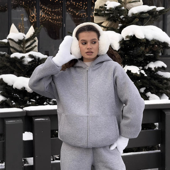 Damen Komfort-Kapuzen-Zipjacke mit verdecktem Reißverschluss, Kängurutasche und gerader Sweat-Hose – Auréline
