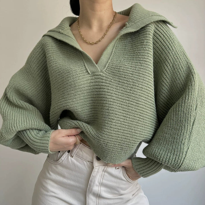 Damen nan Grobstrick-Pullover mit weitem Kragen und V-Ausschnitt Echo Archiv