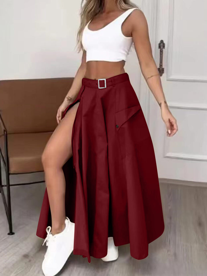 Damen Maxirock mit hohem Beinschlitz, Cargo-Taschen und Taillengürtel – Rosévia