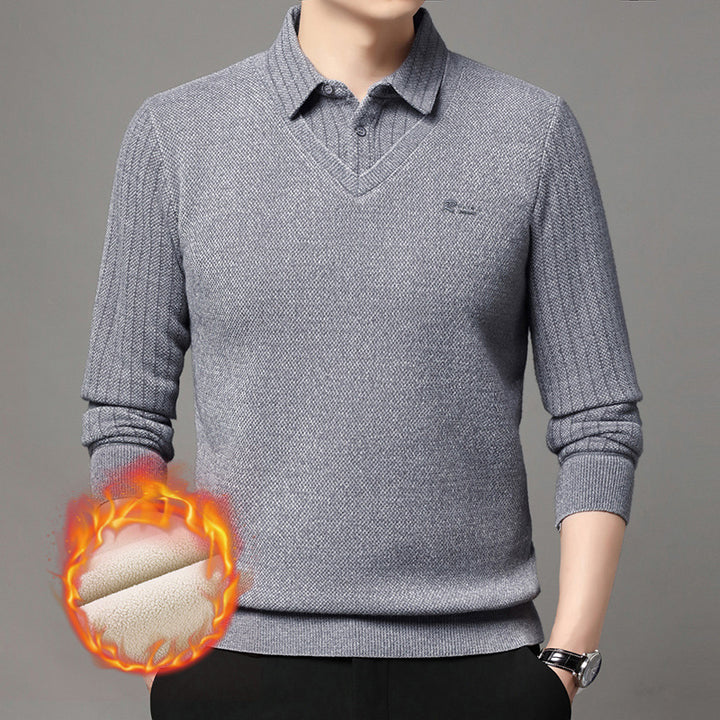 Herren eleganter V-Pullover mit strukturierten Ärmeln und klassischem Hemdkragen Echoarchiv