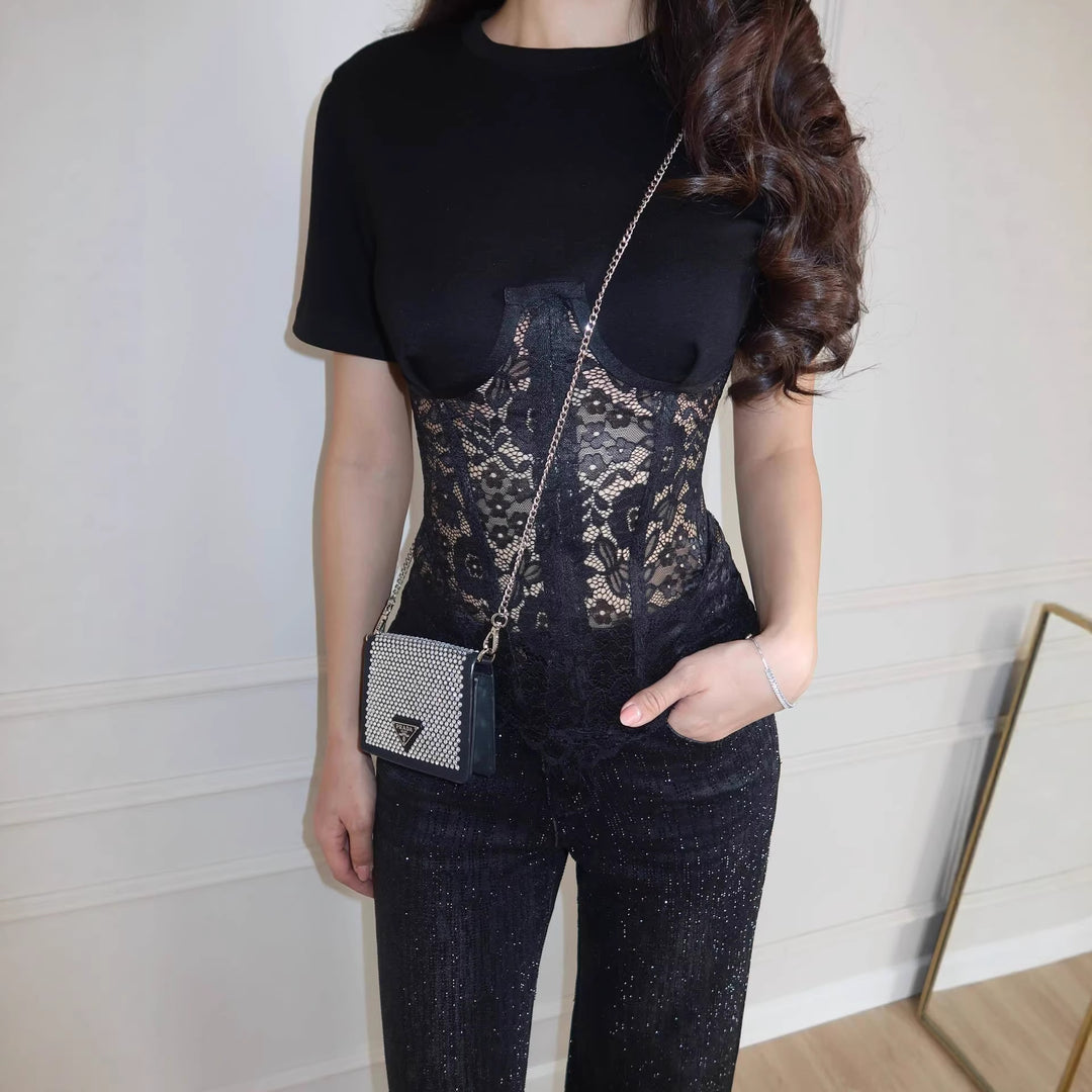 Damen nan T-Shirt mit eingesetztem Spitzenkorsett und konturierter Bügelnaht Echo Archiv