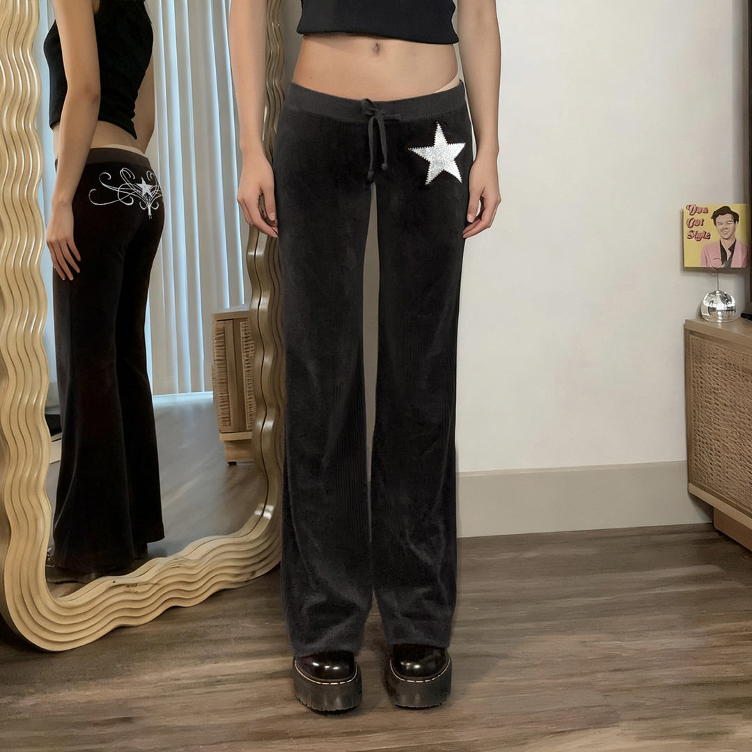 Damen weiche Velours‑Schlaghose mit Zierstern aus Strass und Tunnelzugbund – Avélisse
