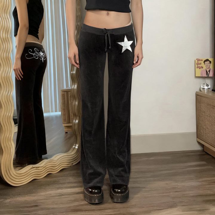 Damen weiche Velours‑Schlaghose mit Zierstern aus Strass und Tunnelzugbund – Avélisse