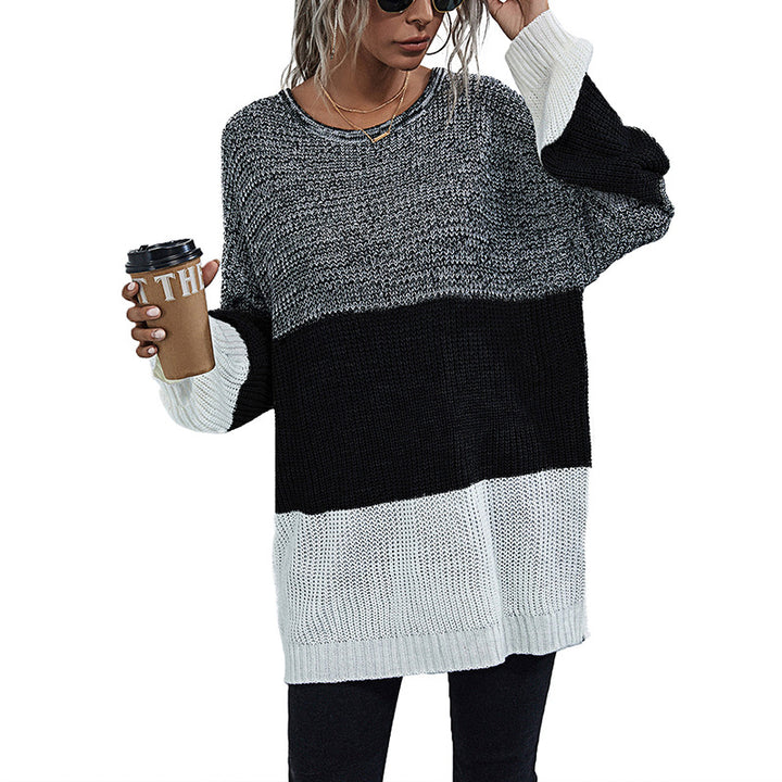 Damen Longline-Grobstrickpullover mit Farbbalken, Rundhalsausschnitt und leicht überschnittener Schulter Echoarchiv