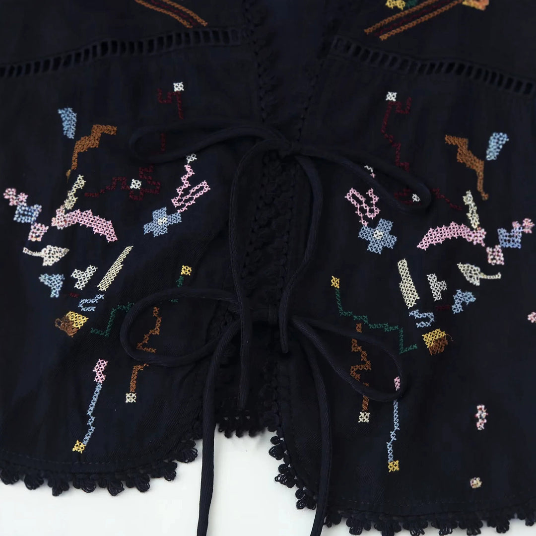 Damen nan bestickte Kimono-Jacke mit Bindeband, Häkelkante und ellenbogenlangen Ärmeln Echo Archiv