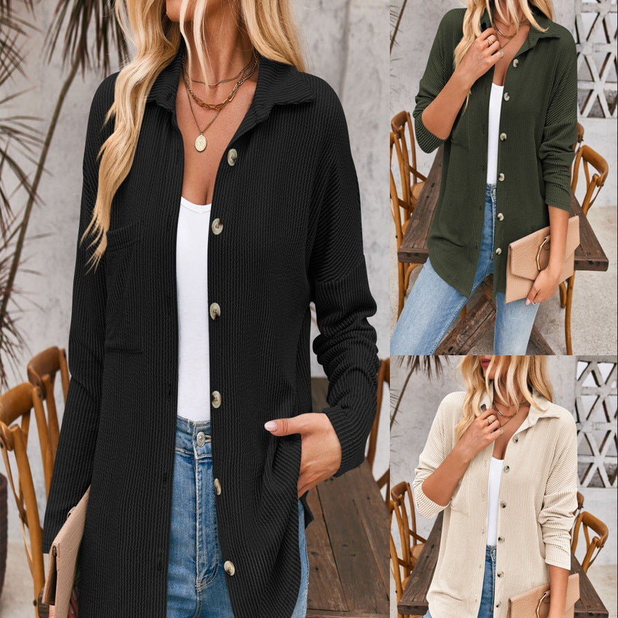 Damen Gerippte Oversize-Hemdjacke mit durchgehender Knopfleiste und Hemdkragen Echoarchiv