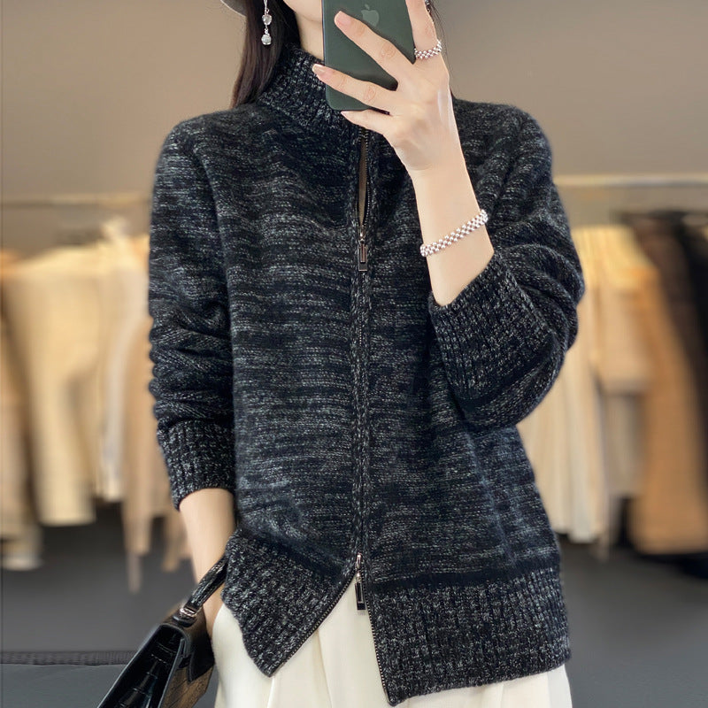 Damen Reißverschluss‑Strickjacke mit melierter Struktur und Stehkragen Echoarchiv