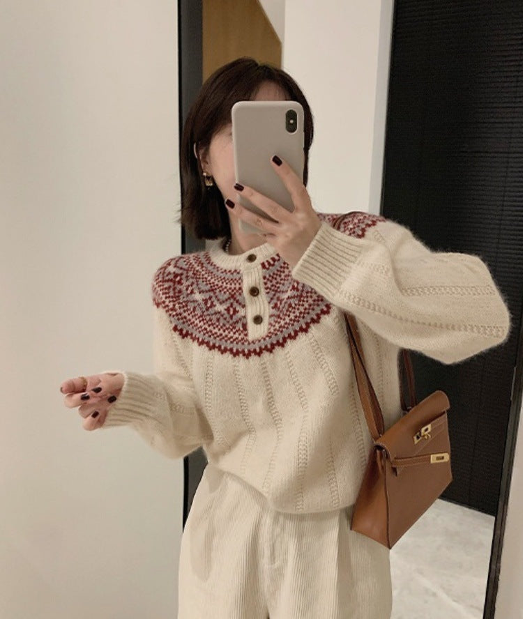 Damen Norwegermuster-Rundpassepullover mit Knopfleiste und Mohair‑Look Echoarchiv