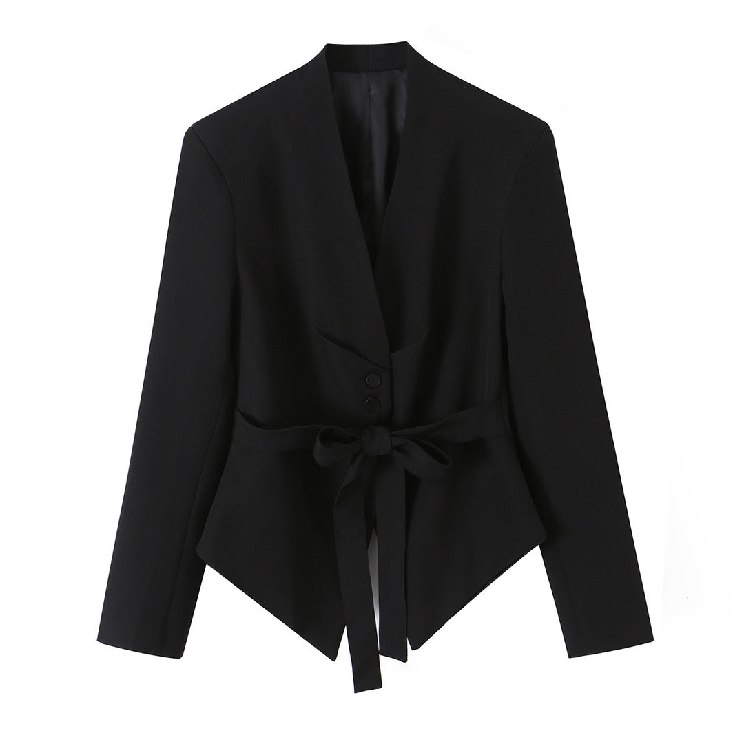 Damen Taillierter Blazer mit V-Ausschnitt, schmaler Bundschärpe und spitzem Saum Echo Archiv