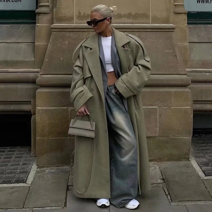 Damen Langer Trenchcoat mit Bindegürtel, doppelreihiger Knopfleiste und Epauletten Echo Archiv