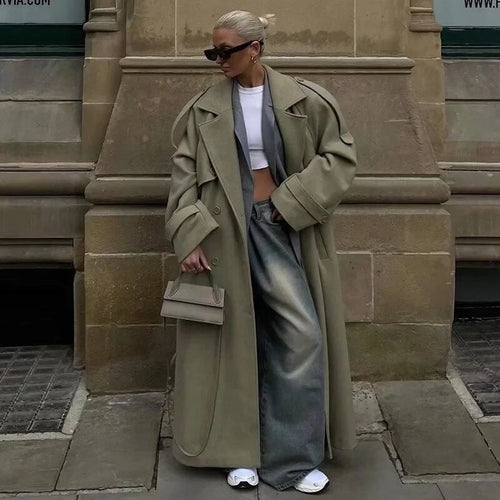 Damen Langer Trenchcoat mit Bindegürtel, doppelreihiger Knopfleiste und Epauletten Echo Archiv