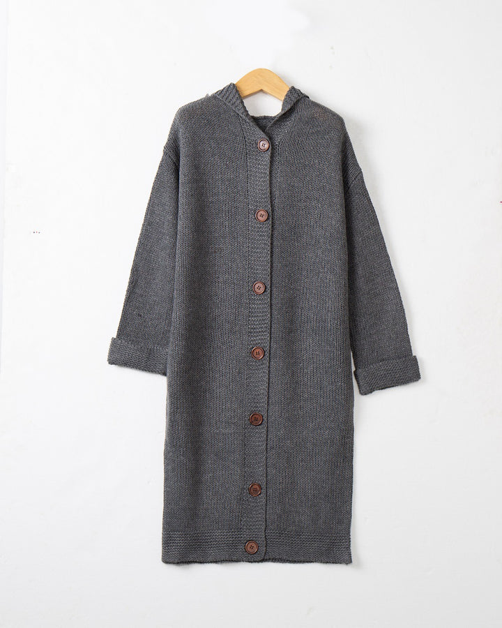 Damen Kapuzen-Longcardigan aus mitteldickem Rippstrick mit durchgehender Knopfleiste und lockerem Oversize-Schnitt Echo Archiv