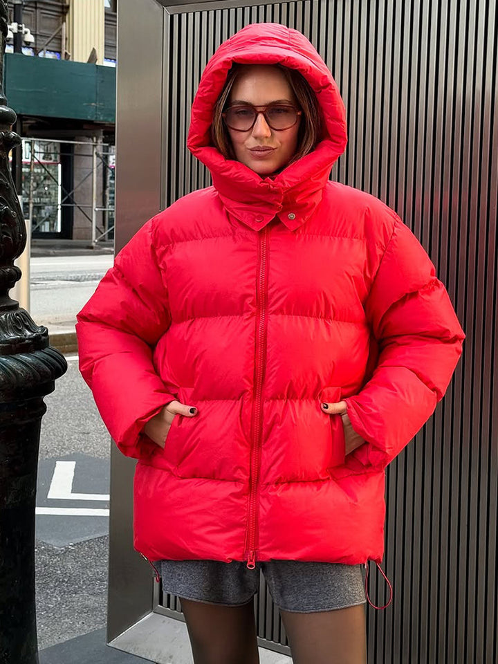Damen Oversize Stepp-Pufferjacke mit abnehmbarer Kapuze und Zwei-Wege-Reißverschluss Echoarchiv