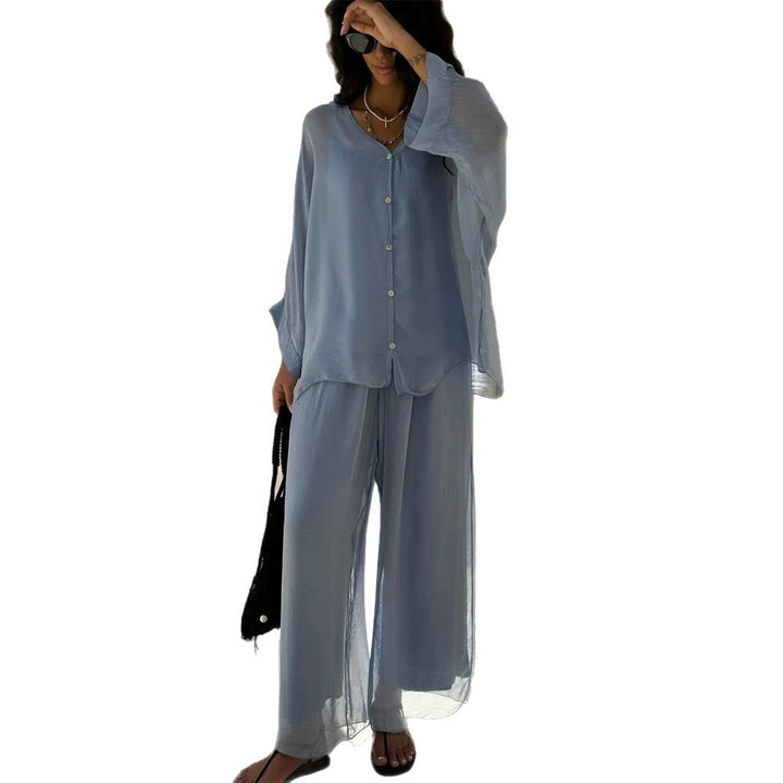Damen Dreiteiliges Loungewear-Set aus leichter Viskose mit Oversize-Bluse, Top und weiter Palazzohose Echoarchiv