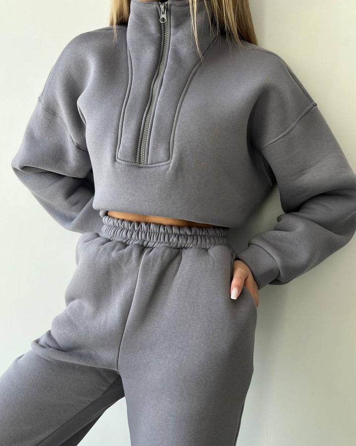 Damen Cropped-Sweatshirt-Set mit hohem Kragen und High-Waist-Jogginghose Echoarchiv