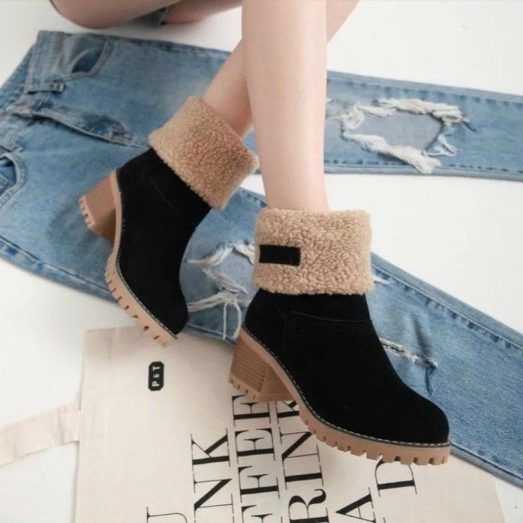 Damen Kurzschaft-Stiefelette mit Teddyfutter, Blockabsatz und Profilsohle Echoarchiv