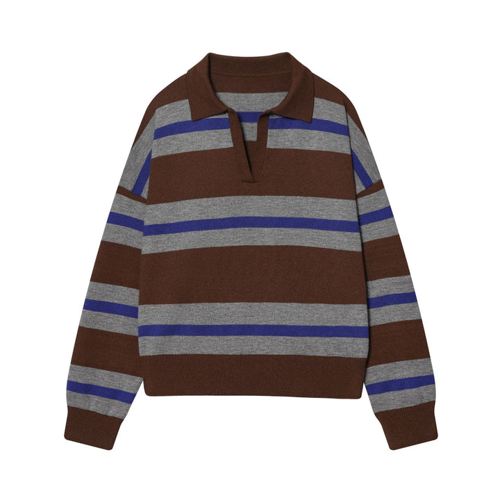 Damen gestreifter Rugby-Pullover mit Polokragen, offenem V‑Ausschnitt und breitem Rippbund – Mavelle