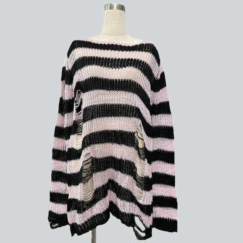 Damen nan Oversized Grobstrickpullover mit breiten Blockstreifen und aufgerissenem Design Echo Archiv