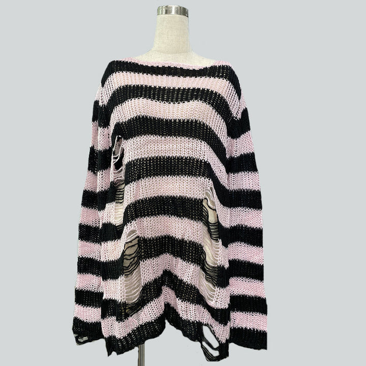 Damen nan Oversized Grobstrickpullover mit breiten Blockstreifen und aufgerissenem Design Echo Archiv