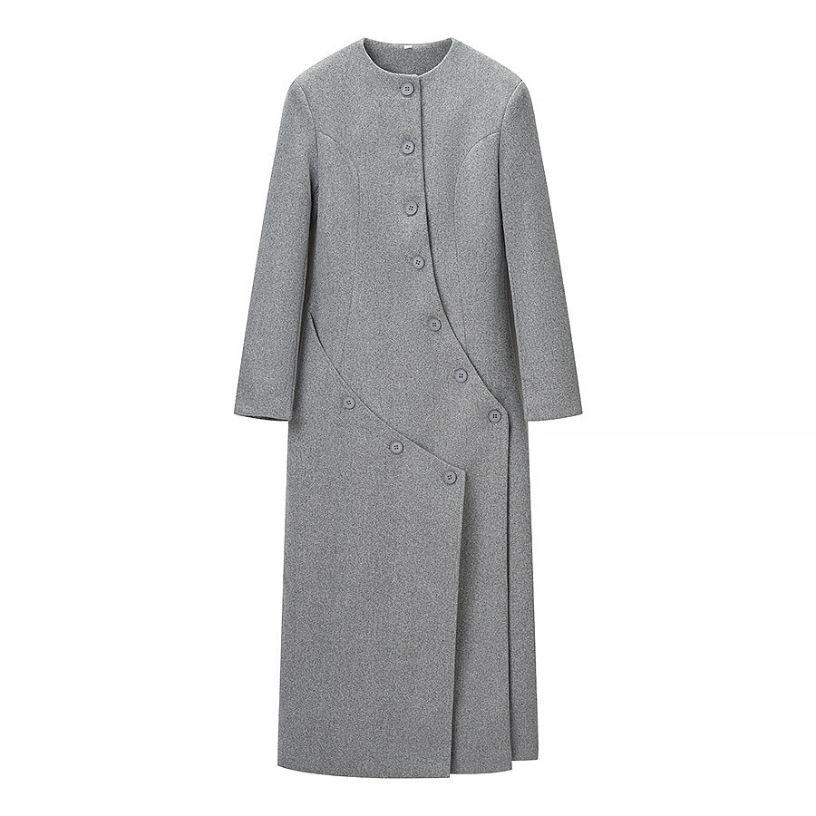 Damen Langer taillierter Wollmix-Mantel mit Rundhalsausschnitt und asymmetrischer Knopfleiste Echo Archiv