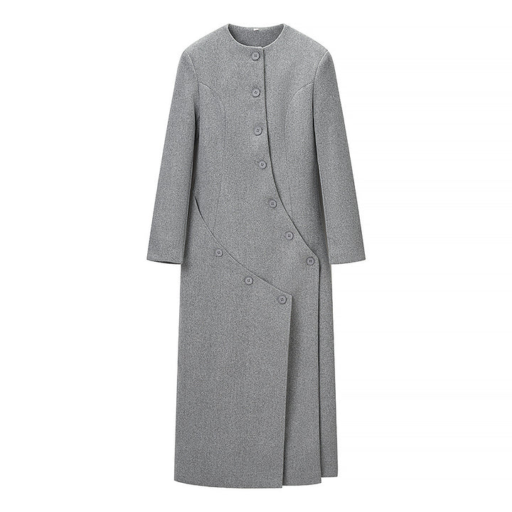 Damen Langer taillierter Wollmix-Mantel mit Rundhalsausschnitt und asymmetrischer Knopfleiste Echo Archiv