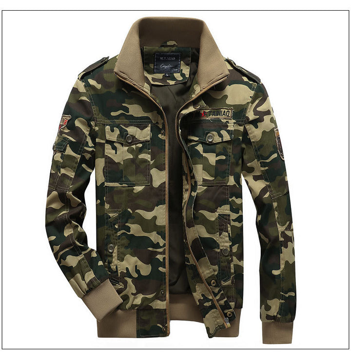 Herren Militärinspirierte Tarnprint-Übergangsjacke mit Reißverschluss, Pattentaschen und elastischen Bündchen Echoarchiv