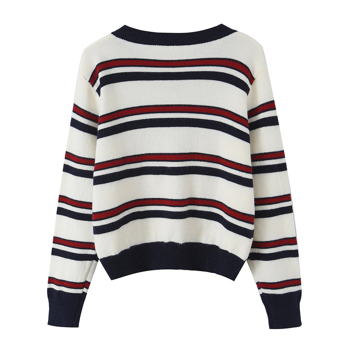 Damen nan gestreifte Strickjacke mit Knopfleiste, V-Ausschnitt und tailliertem Bund Echo Archiv