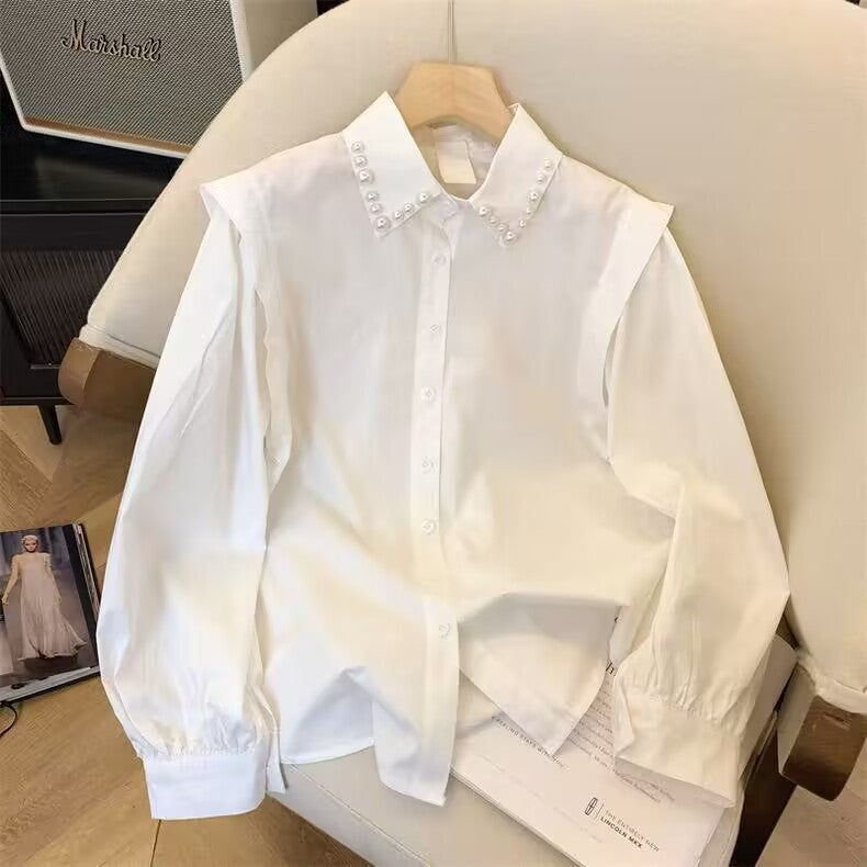 Damen nan Perlenbesetzte Hemdbluse mit Puffärmeln und spitzem Kragen Echo Archiv