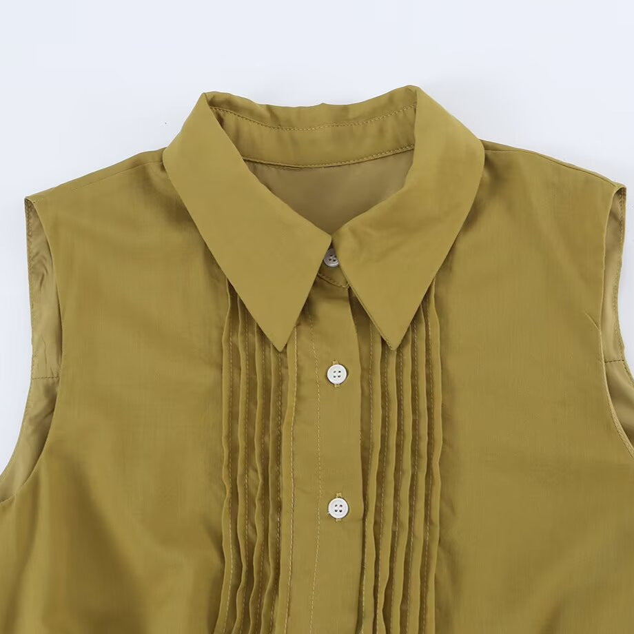 Damen Ärmelloses Hemdblusenkleid mit Kellerfalten, durchgehender Knopfleiste und Taillengürtel Echoarchiv