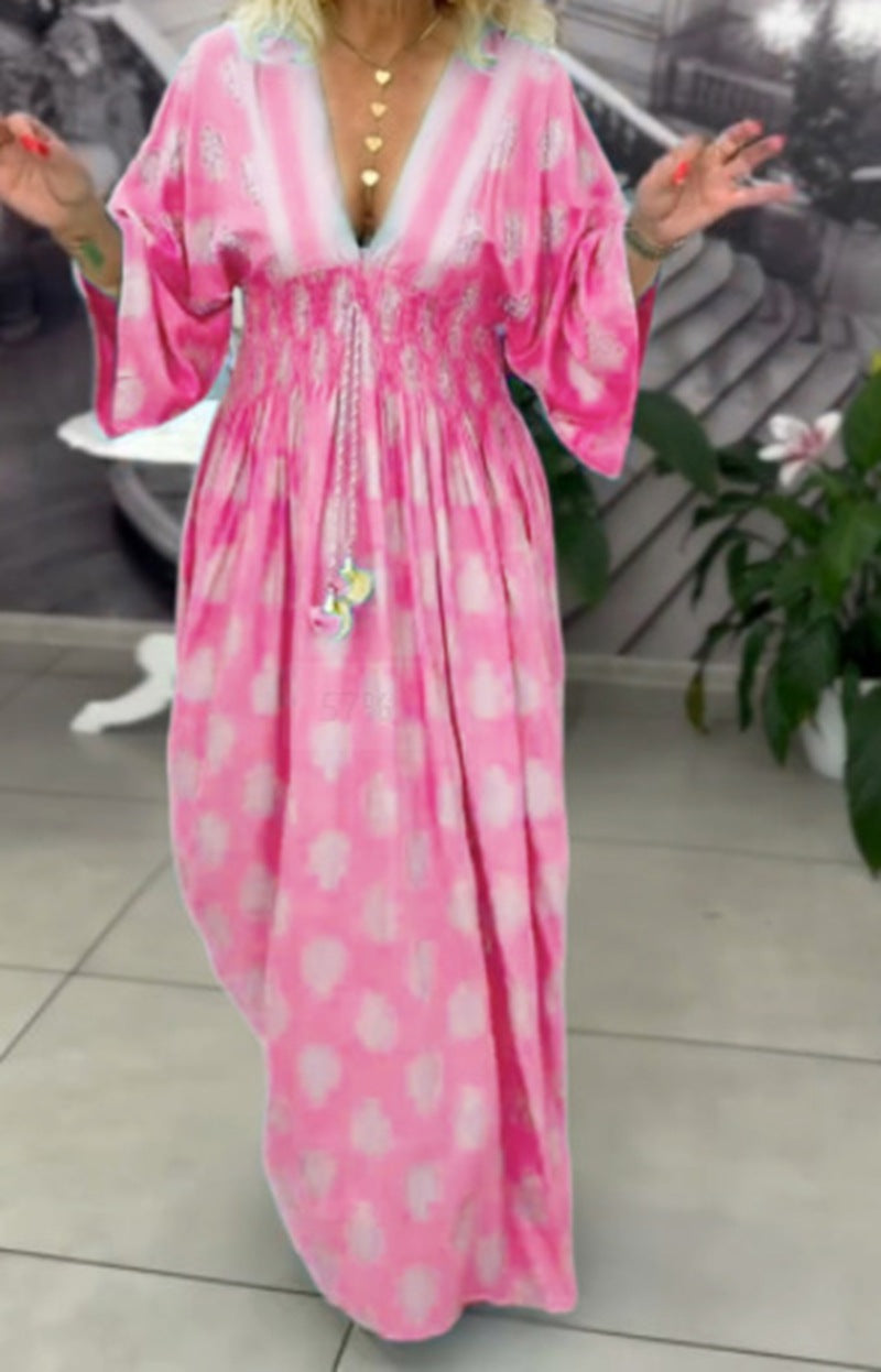 Damen nan gerafftes Maxikleid mit Smok-Taille, Kimonosärmeln und Zierquaste Echo Archiv