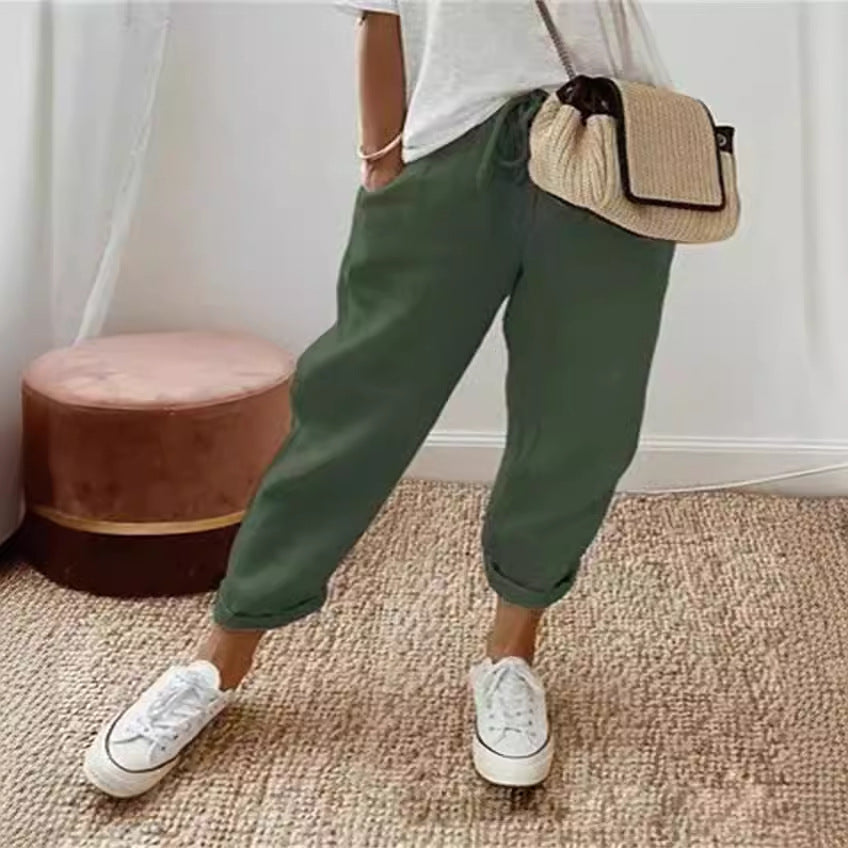 Damen nan legerer Leinen-Jogger mit Kordelzug, Eingrifftaschen und umgeschlagenem Saum Echo Archiv