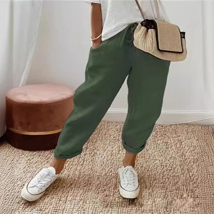 Damen nan legerer Leinen-Jogger mit Kordelzug, Eingrifftaschen und umgeschlagenem Saum Echo Archiv