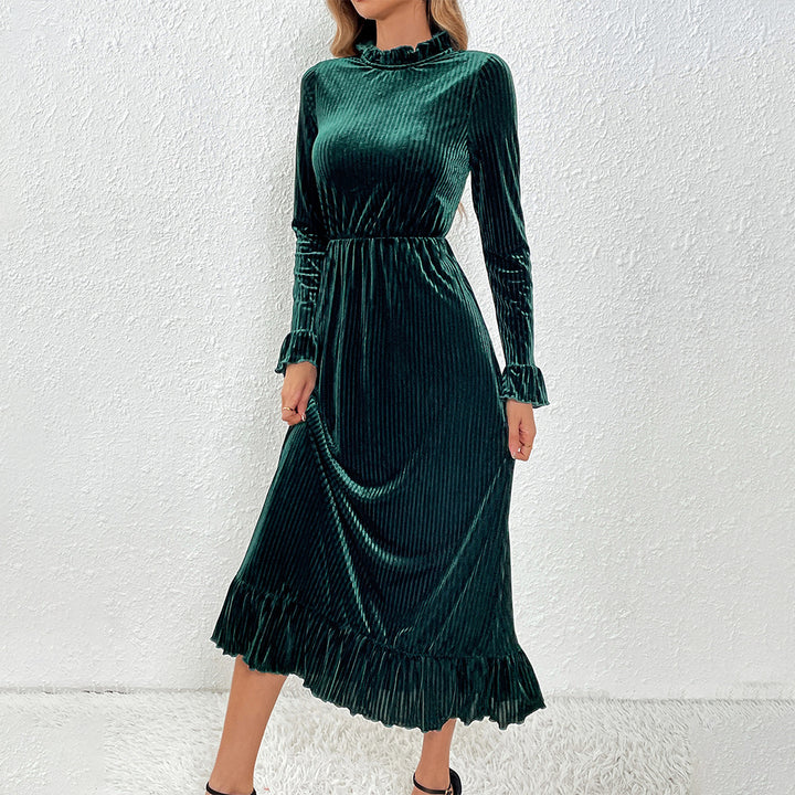 Damen Midikleid aus plissiertem Samt mit Stehkragen geraffter Taille und Volant-Saum – Élara
