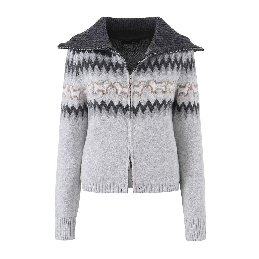Damen Gestrickte Zip-Cardigan mit Norwegermuster und extra breitem Umlegekragen Echo Archiv