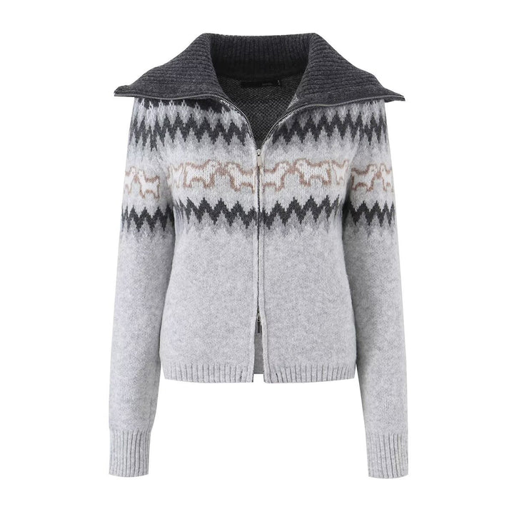Damen Gestrickte Zip-Cardigan mit Norwegermuster und extra breitem Umlegekragen Echo Archiv