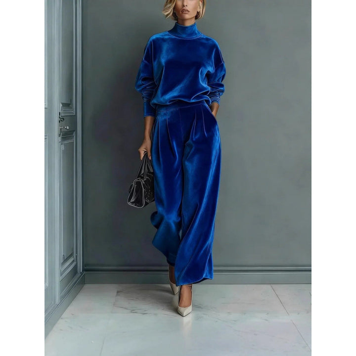 Damen Zweiteiliges Samt-Loungewear-Set mit Stehkragen und Plissee-Palazzohose – Élanora