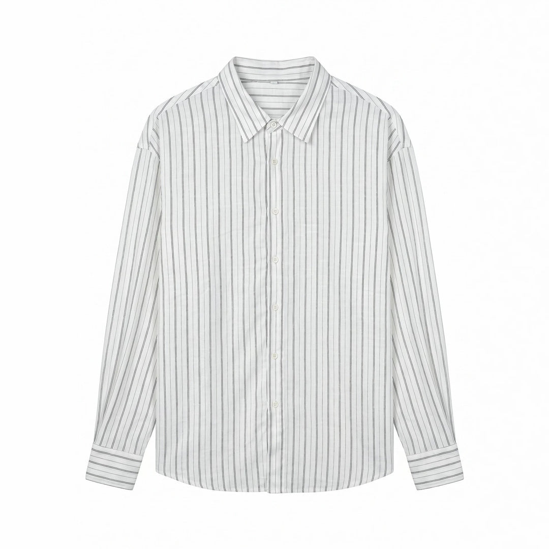 Unisex Langes Relaxed-Fit Streifenhemd mit Kentkragen und abgerundetem Saum Echoarchiv