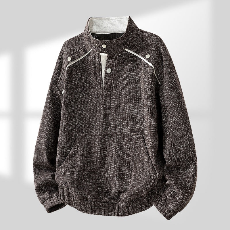 Herren Oversize Struktur-Halbzip-Strickpullover mit Stehkragen, Druckknopfblende & Kängurutasche Echoarchiv