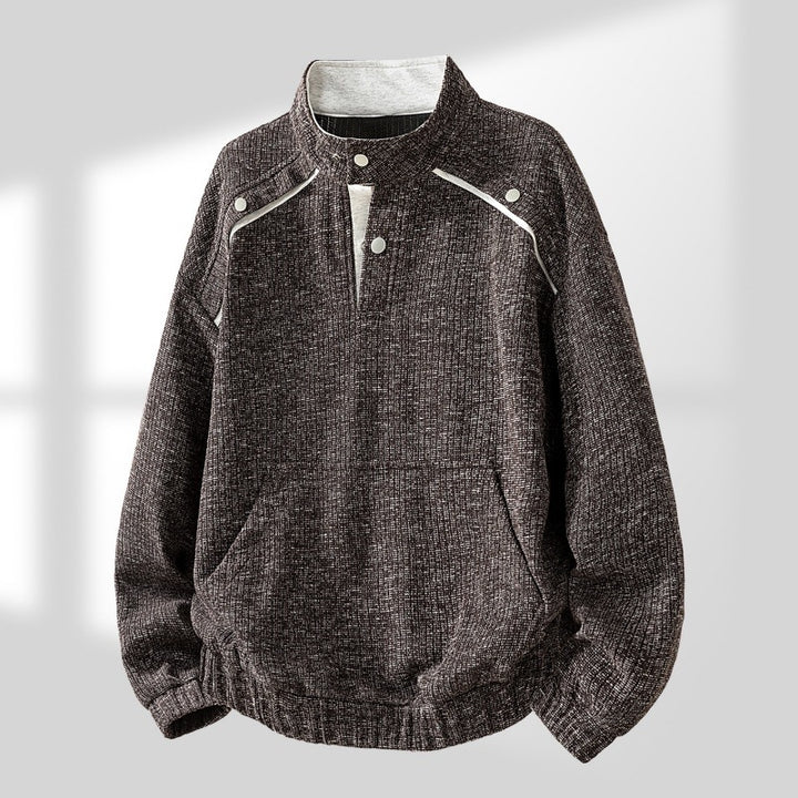 Herren Oversize Struktur-Halbzip-Strickpullover mit Stehkragen, Druckknopfblende & Kängurutasche Echoarchiv