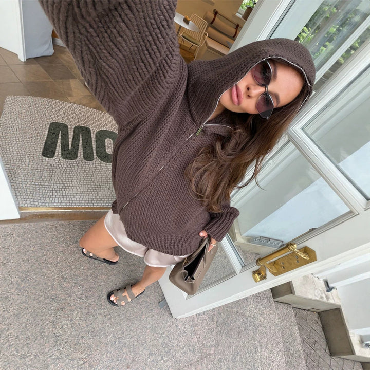 Damen Grobstrick-Zip-Cardigan mit hohem Kragen Echoarchiv