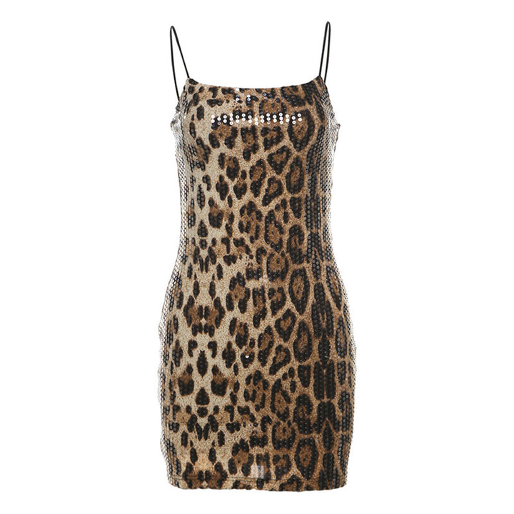 Damen Elegantes Leopardenmuster Kleid mit Glitzersteinen Echo Archiv