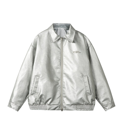 Damen Oversize Glattleder‑Optik Blousonjacke mit elastischem Saum und Metall‑Logo Echoarchiv