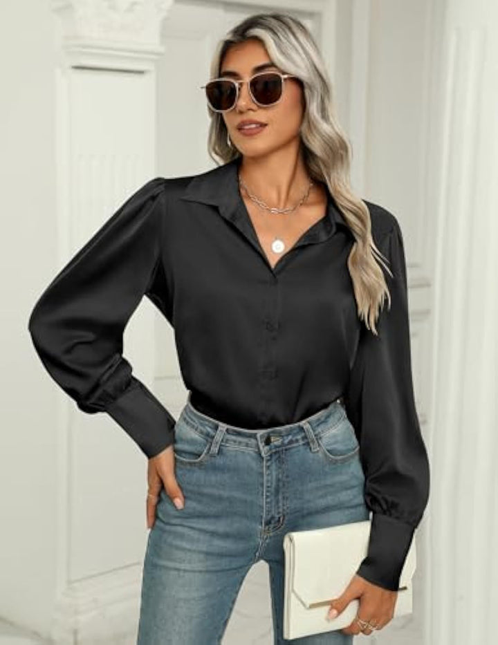 Damen Seidenoptik-Bluse mit Hemdkragen, verdeckter Knopfleiste und langen Manschetten – Élovi
